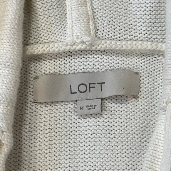 LOFT Waffle Knit Hoodie Sweater WMNS M Ivory Hooded V-Neck Pullover Cozy Warm - Picture 8 of 9